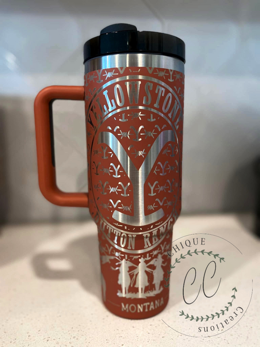 Laser Engraved YellowStone, RIP, Beth, Dutton Ranch Tumbler With Handle s