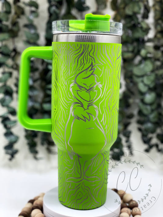 Laser Engraved Merry Grinchmas, Grinch Tumbler With Handle, Stanley