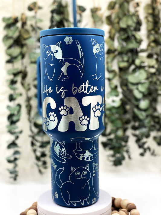 Laser Engraved Life Is Better With Cats, Tumbler With Handle, Stanley, Eras Tour