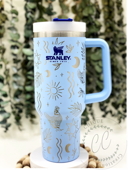 Laser Engraved Boho Plants, Suns, & Chickens Tumbler With Handle, Stanley
