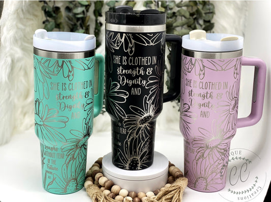 Laser Engraved Floral Bible Verse Tumbler With Handle, Stanley, God
