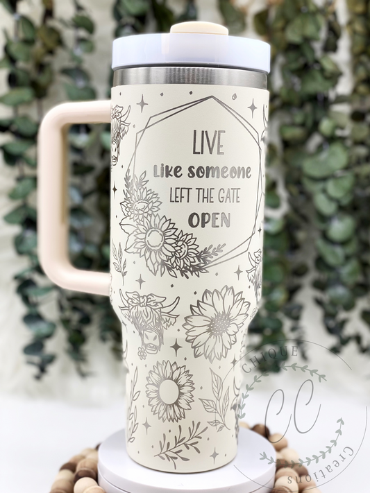 Laser Engraved Highland Cow, Live Like Somebody Left The Gate Open Tumbler With Handle