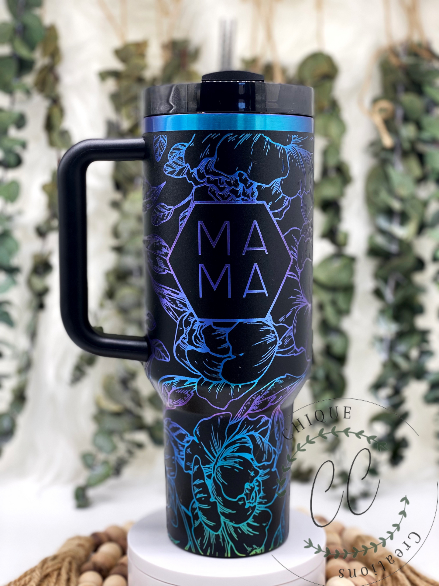 40oz Stanley Black Chroma Mama Peonies Tumbler