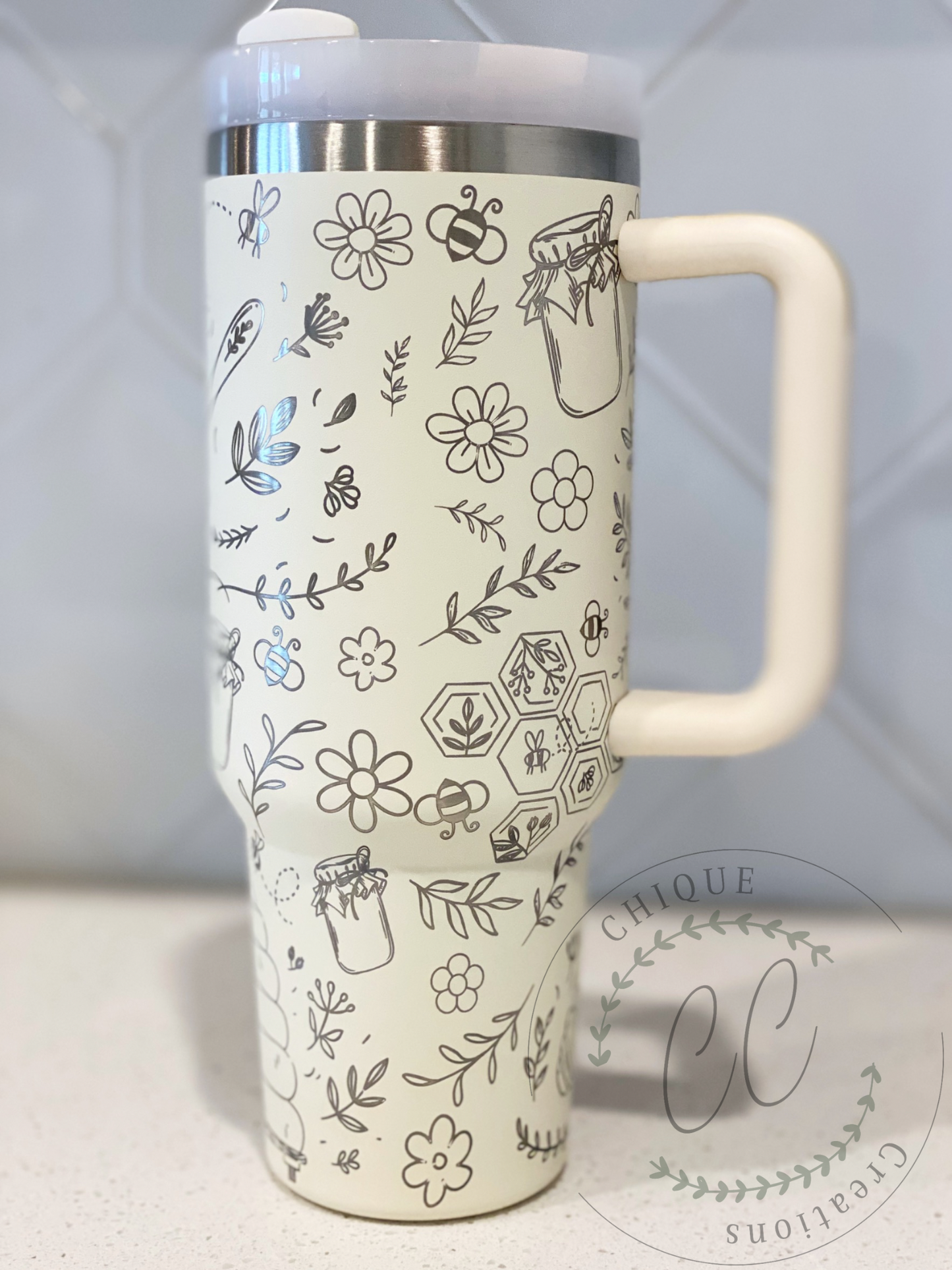 40oz Engraved Bee Keeper, Honey, Floral, Tumbler With Handle, Stanley Dupe, Eras Tour