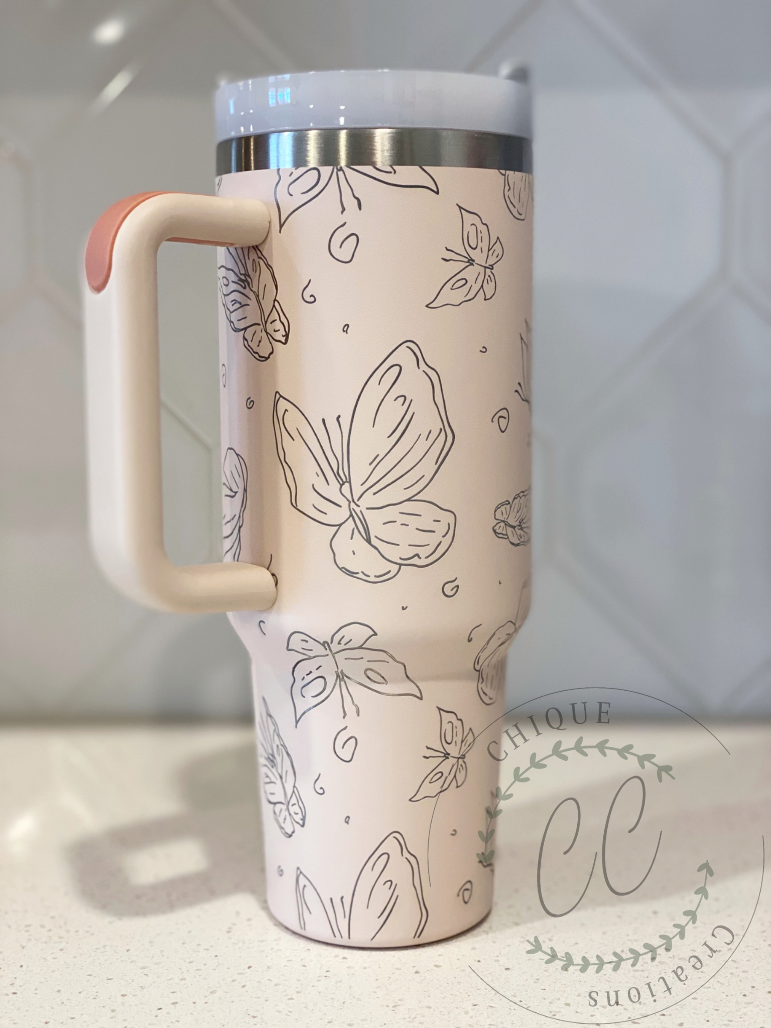 40oz Engraved Butterfly Tumbler With Handle, Stanley Dupe, Eras