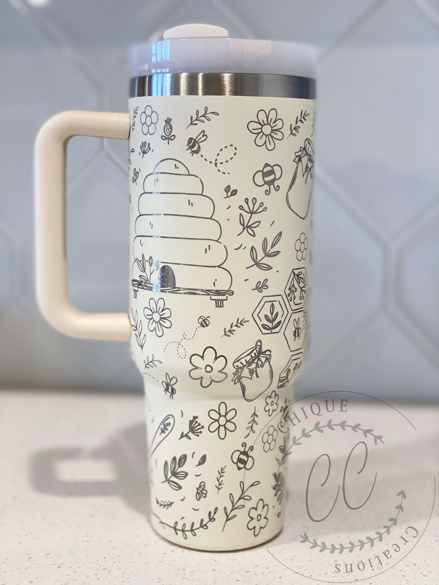 40oz Engraved Bee Keeper, Honey, Floral, Tumbler With Handle, Stanley Dupe, Eras Tour