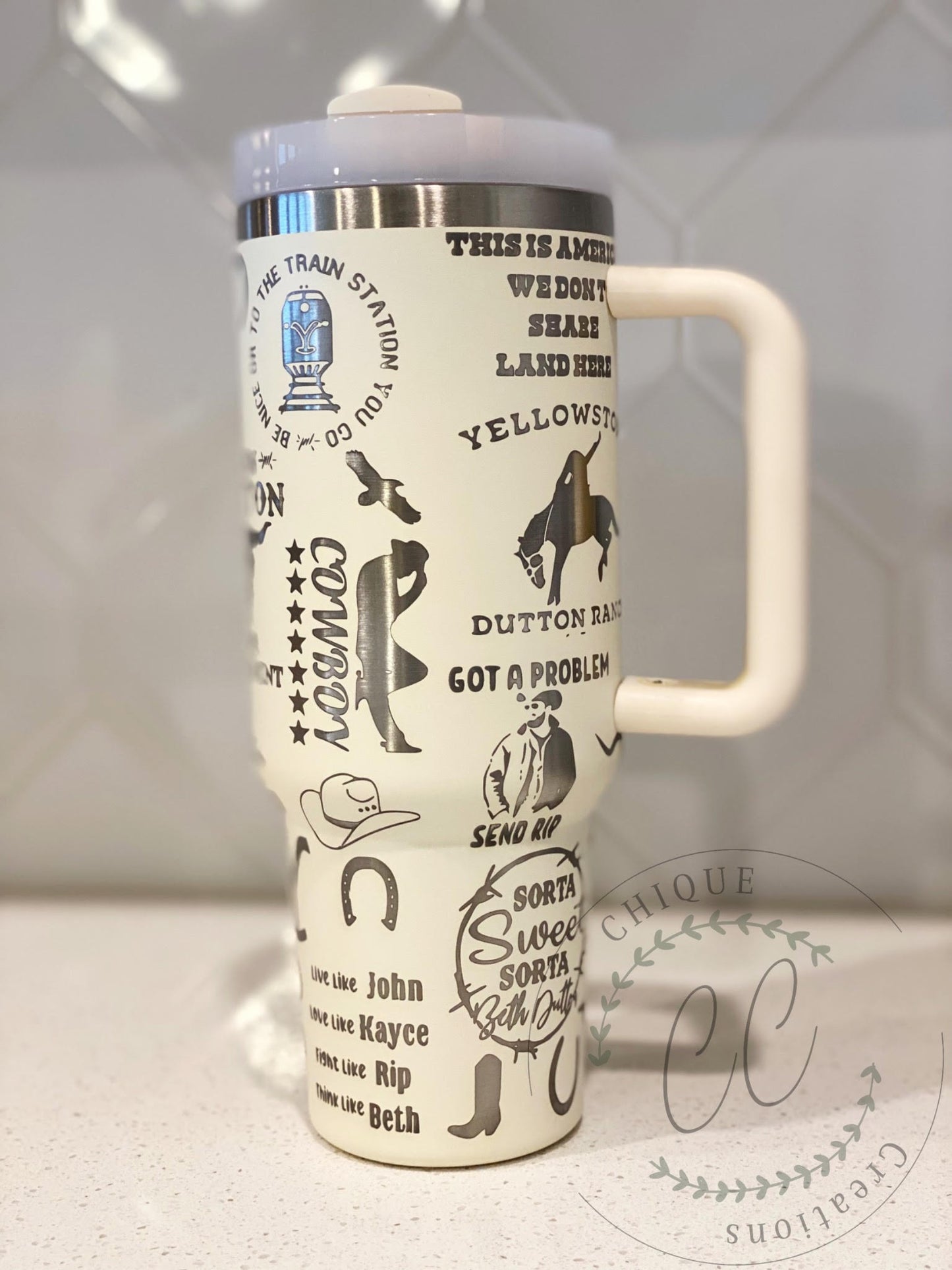40oz Engraved Yellowstone Themed Tumbler With Handle, Lid, & Straw