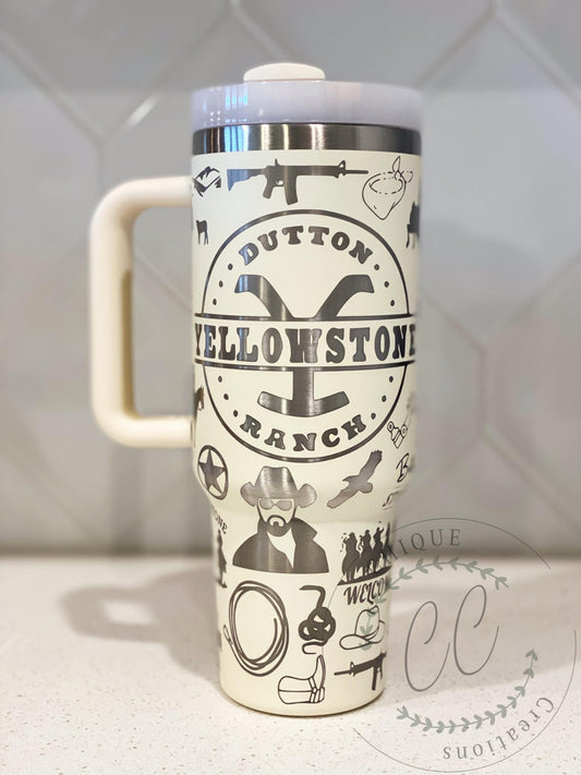 40oz Engraved Yellowstone Themed Tumbler With Handle, Lid, & Straw