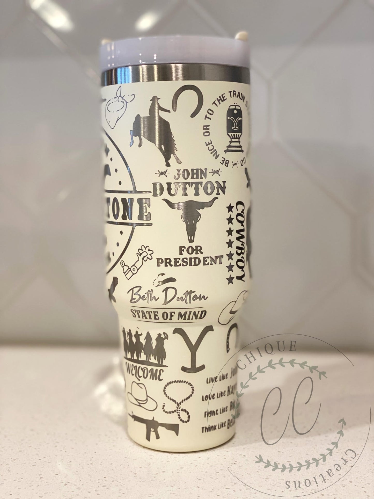 40oz Engraved Yellowstone Themed Tumbler With Handle, Lid, & Straw