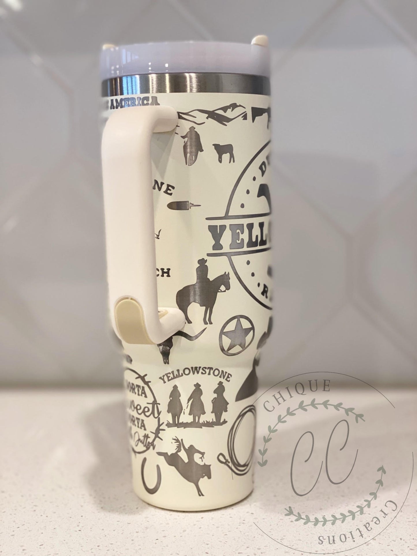 40oz Engraved Yellowstone Themed Tumbler With Handle, Lid, & Straw
